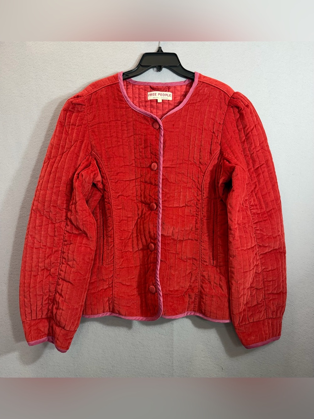 Free People Natalia Quilted Jacket Red Pink Trim Button Front Boho L
